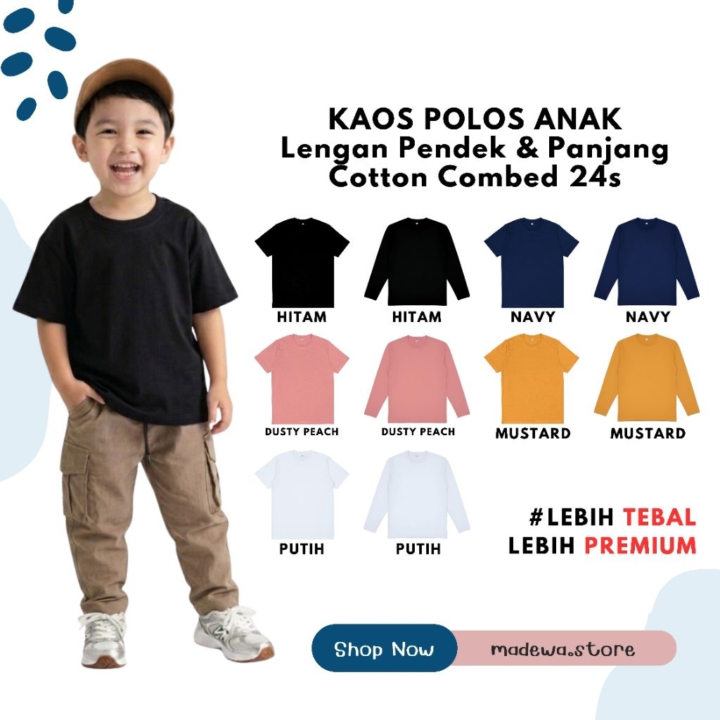 New - Kaos Polos Anak Lengan Pendek dan Panjang Bahan Cotton Combed 24s - Kaos  Polos Anak Warna Hit