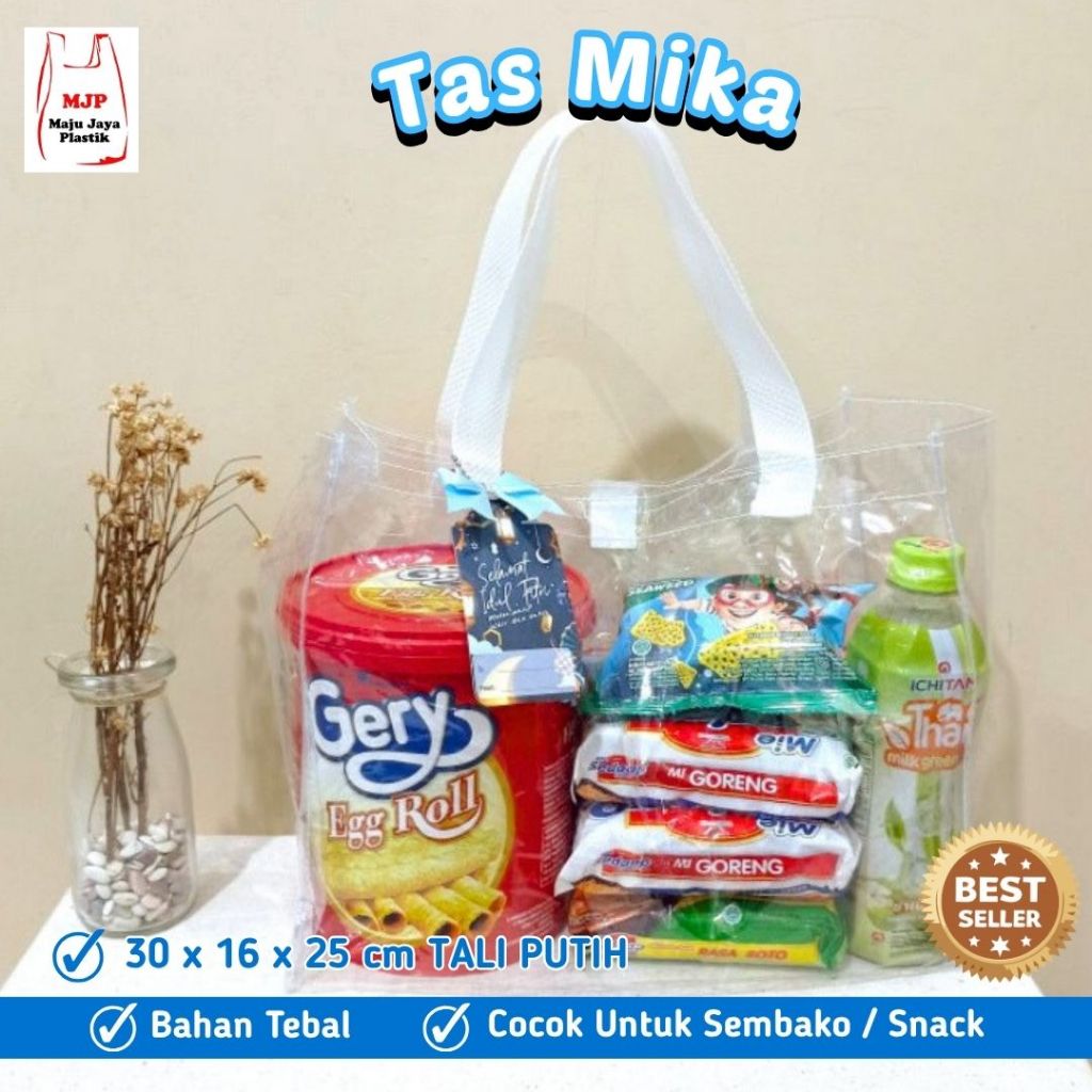 Tas Mika Transparan Tali Putih Tebal 30x16x25 – Tas Hampers Snack Sembako Premium
