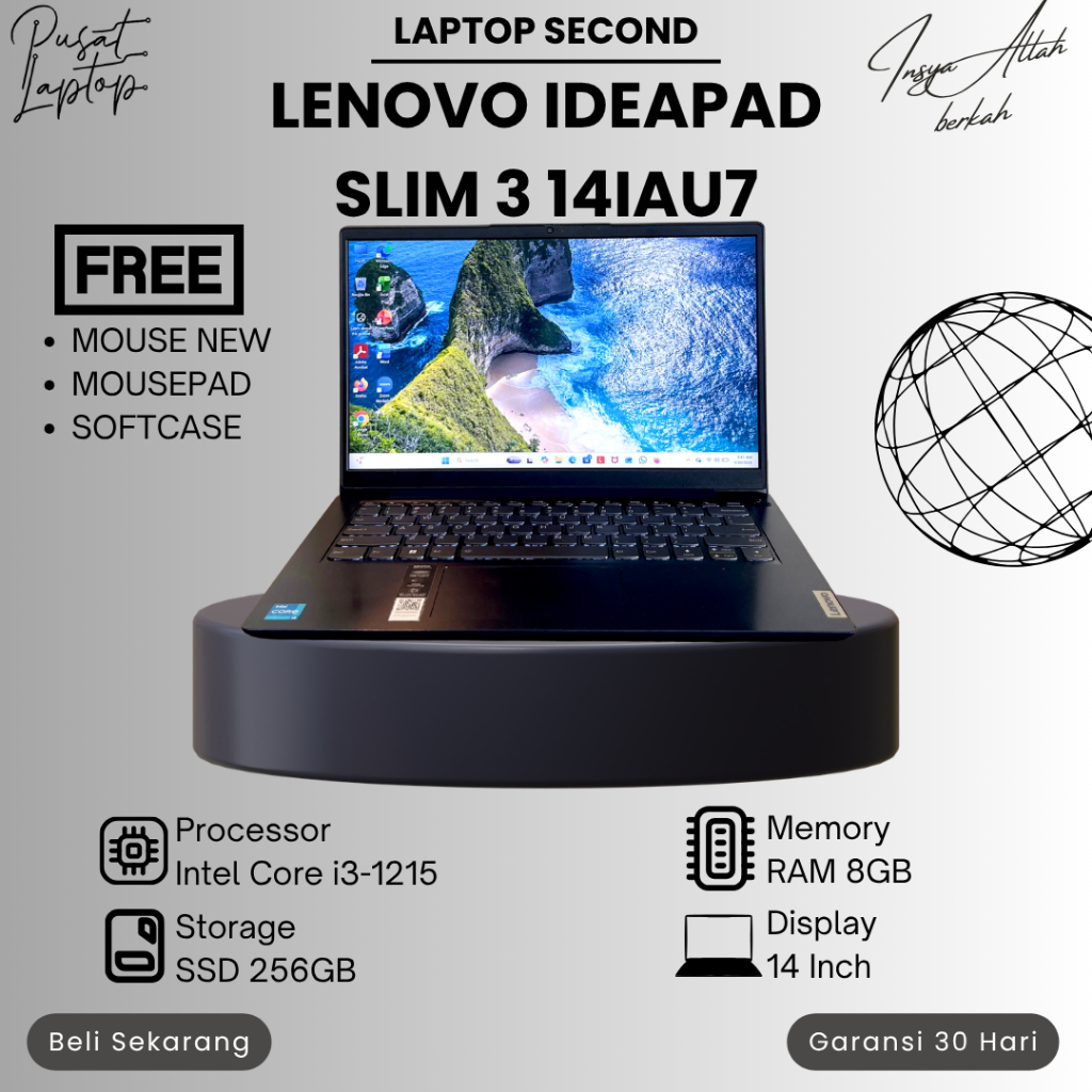 LENOVO IDEAPAD SLIM 3 14IAU7 SECOND | INTEL CORE I3 GEN 12 | RAM 8GB | SSD 256GB | NORMAL | BERGARAN