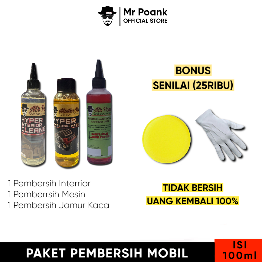 Mr Poank Paket 100ml Pembersih Jamur Kaca + Pembersih Mesin + Pembersih Interior