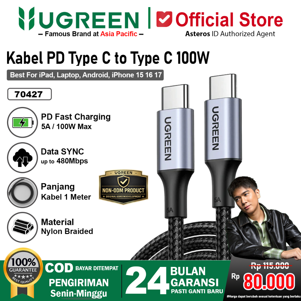 UGREEN Kabel Data USB Type C to Type C Nylon Braided PD Fast Charging 100W Max 5A 1 Meter 2 Meter