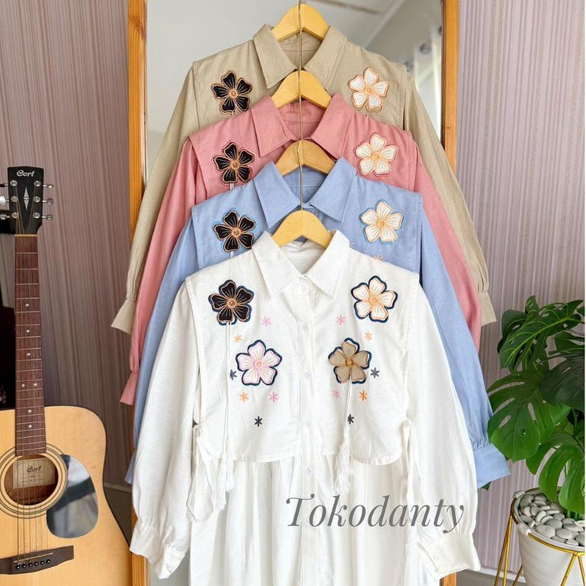 Zania Linen Rami Kemeja Blus Wanita Bahan Linen Rami Bordir Bunga Casual Rami Kemeja Casual Bordir B