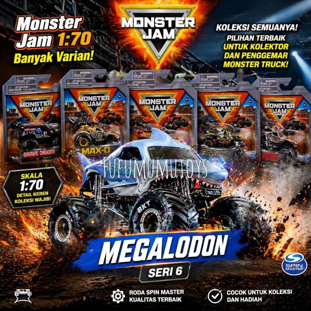 MONSTER JAM SKALA 1:70 SPIN MASTER MEGALODON GRAVE DIGGER