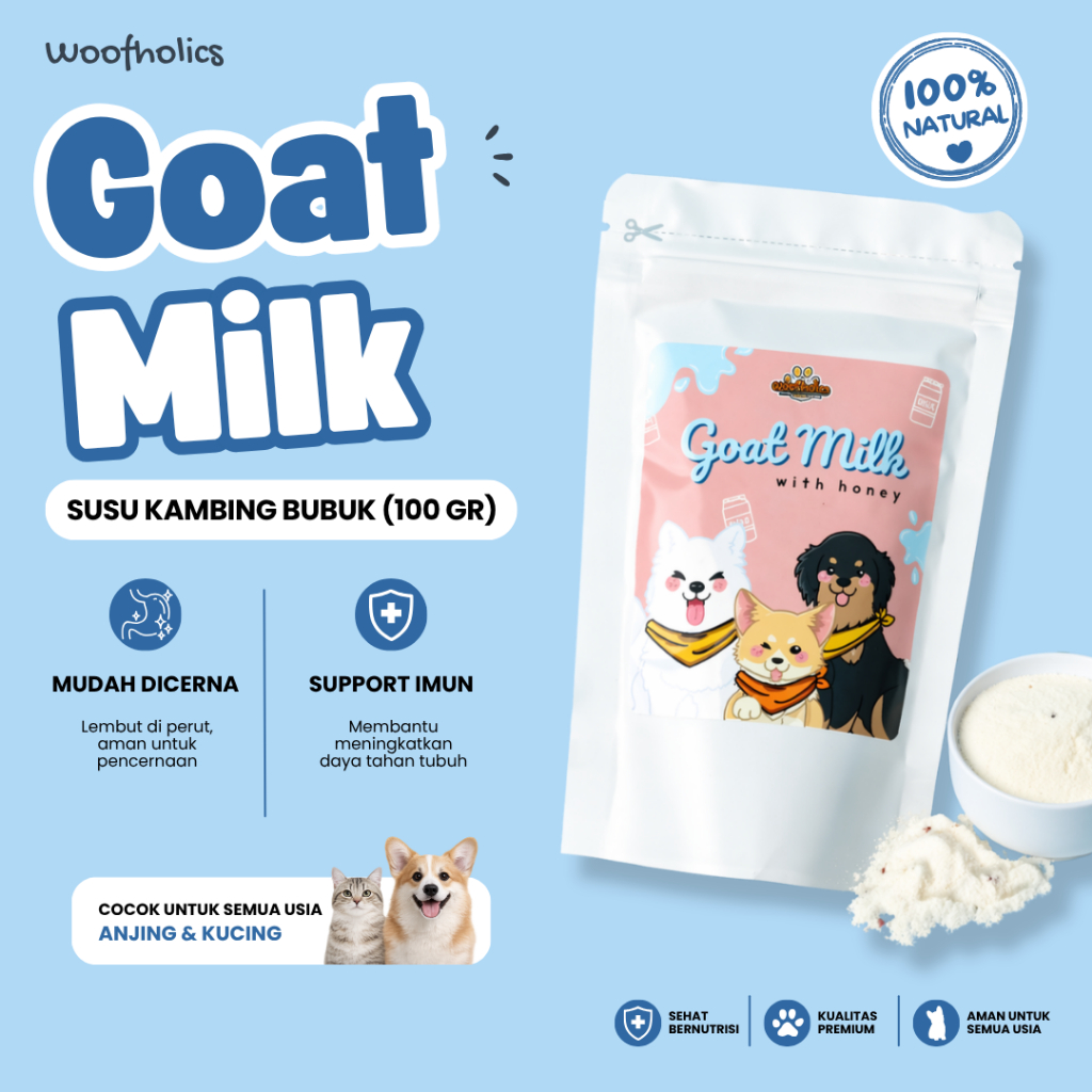 Woofholics Goat Milk Powder Plus Honey 100gr / Susu Kambing Untuk Anjing Kucing Puppy Kitten