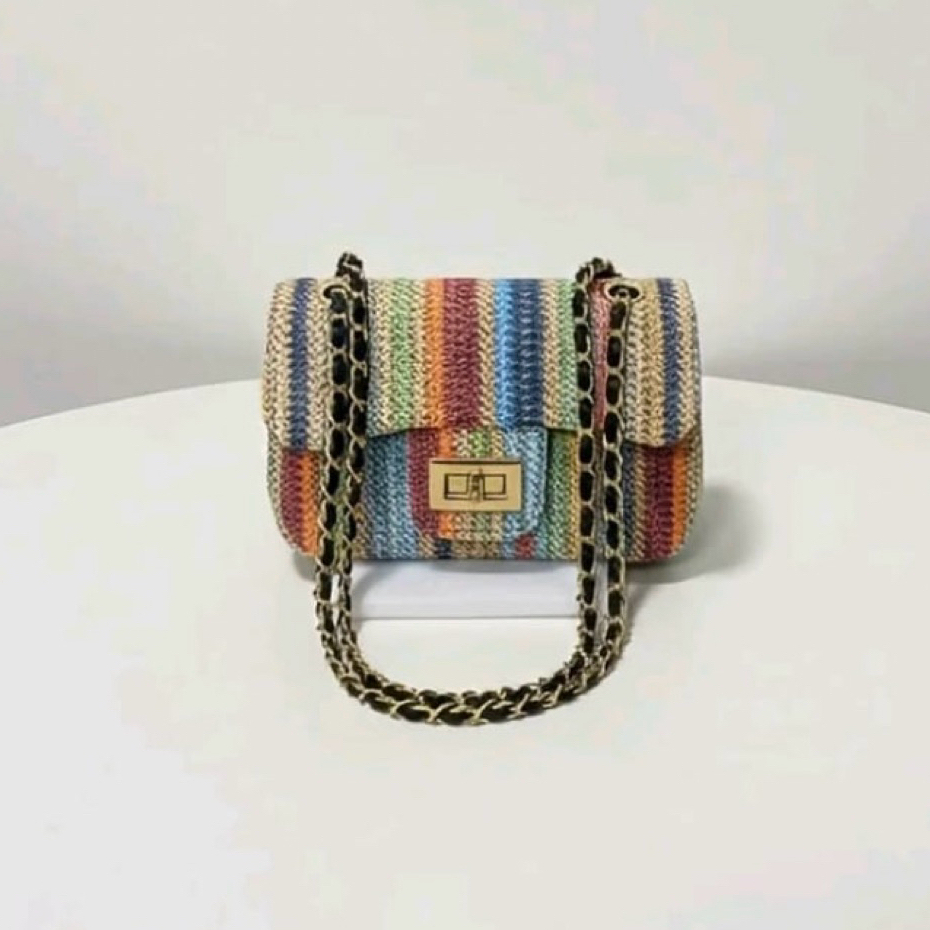 Tas Selempang Wanita Rajut Motif Rainbow | Sling Bag Mini Fashion Elegan Rantai Gold | Tas Pesta Kek