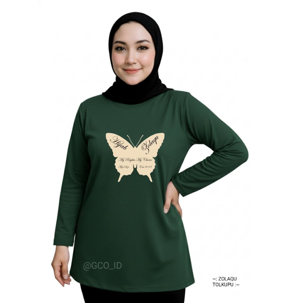 Kaos Wanita Ekslusif Zolaqu Original Hijau Botol Lengan Panjang Katun 24s M-L-XL-XXL Korean Hijab St