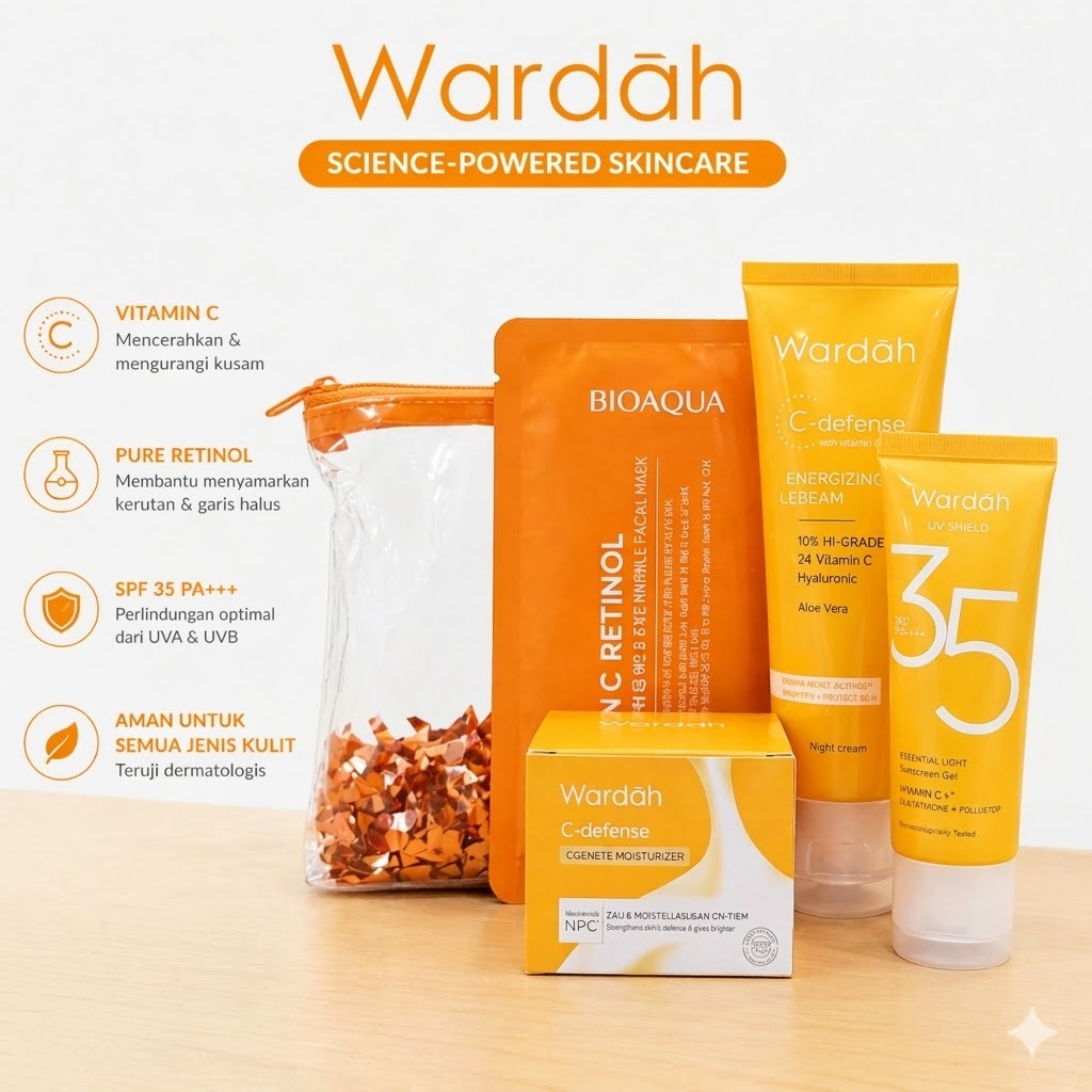 Wardah C-Defense Complete Set + Sunscreen SPF 35 | Cerahin & Lindungi Kulit/Bundling Glow Up Wardah 