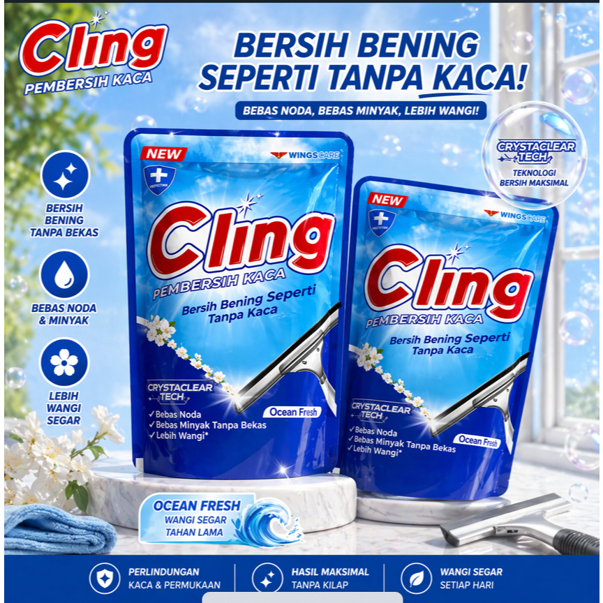 Cling Cairan Pembersih Kaca Kemasan Baru Refill 425 ml Pouch Isi Ulang - Biru | Ocean