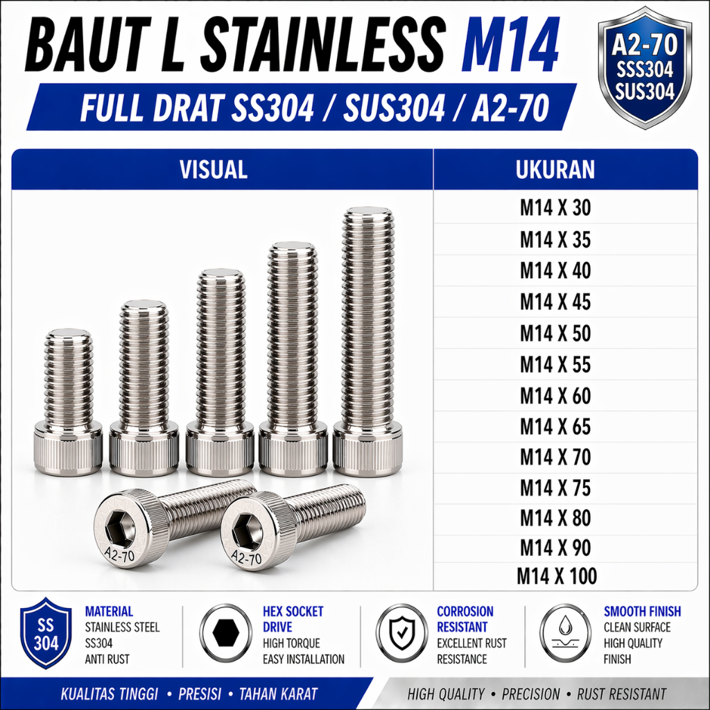 Baut L Stainless M14X60 / 14X60 / M14 X 60 / 14 X 60 Full Drat SS304 / SUS304 / A2-70