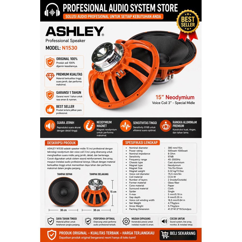 SPEAKER KOMPONEN ASHLEY 15INCH VOICE COIL 3 INCH MAGNET NEODYMIUM ORIGINAL ASHLEY