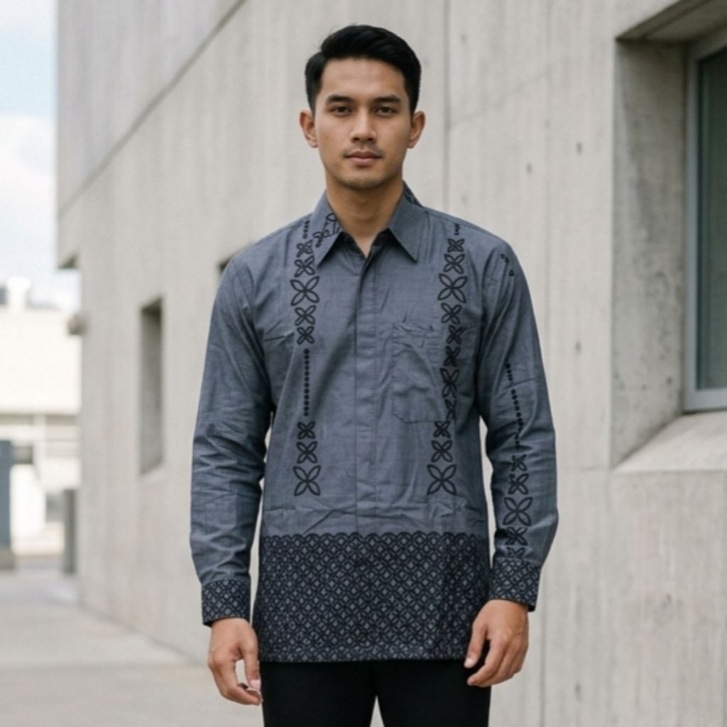 Batik Pria Lengan Panjang Modern Abu Tua Bahan Katun Prima Cutting Reguler - Seragam Batik Pria Pest