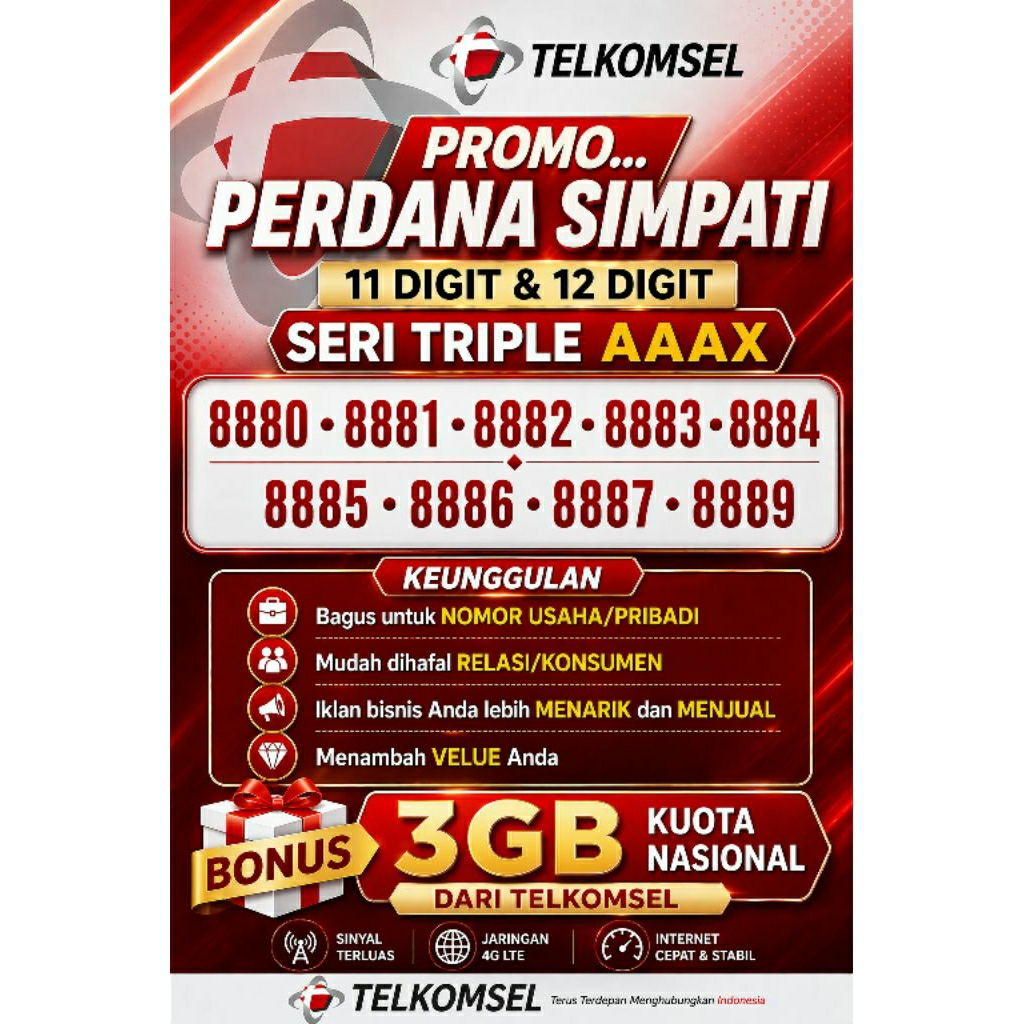 TELKOMSEL SIMPATI NOMOR CANTIK TRIPLE 888 8880 8881 8882 8883 8884 8885 8886 8887 8889