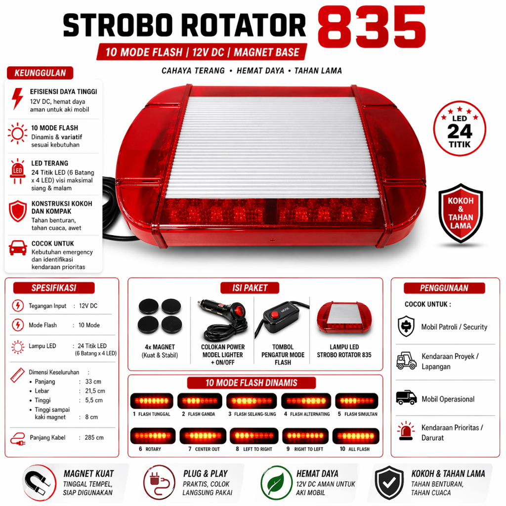 light bar Strobe ambulance Atap mobil mini lampu ambulance merah 835