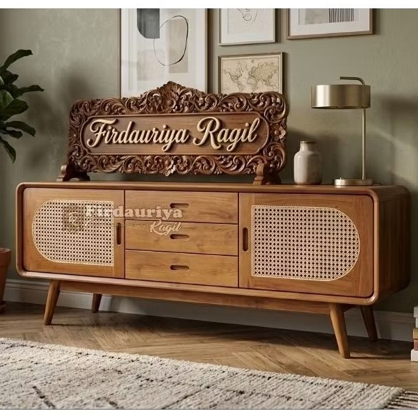 Bufet meja tv credenza rotan lengkung oval setengah lingkar kayu jati perhutani grade A asli Jepara 