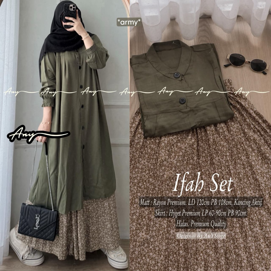 ifah kinan sefin yumiko set tunik rayon polos rok plisket bunga by ANY