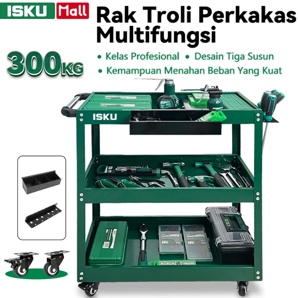 ISKU Rak Troli 3 Susun Bengkel Troli Perkakas Rak Bengkel Besi Trolley Alat Mekanik Workshop Tool Ca