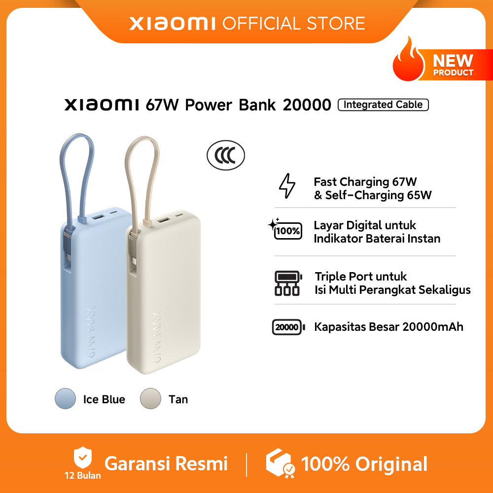 Xiaomi 67W Power Bank 20000mAh (Integrated Cable) | Fast Charging 67W &Self-Charging 65W | Layar Dig