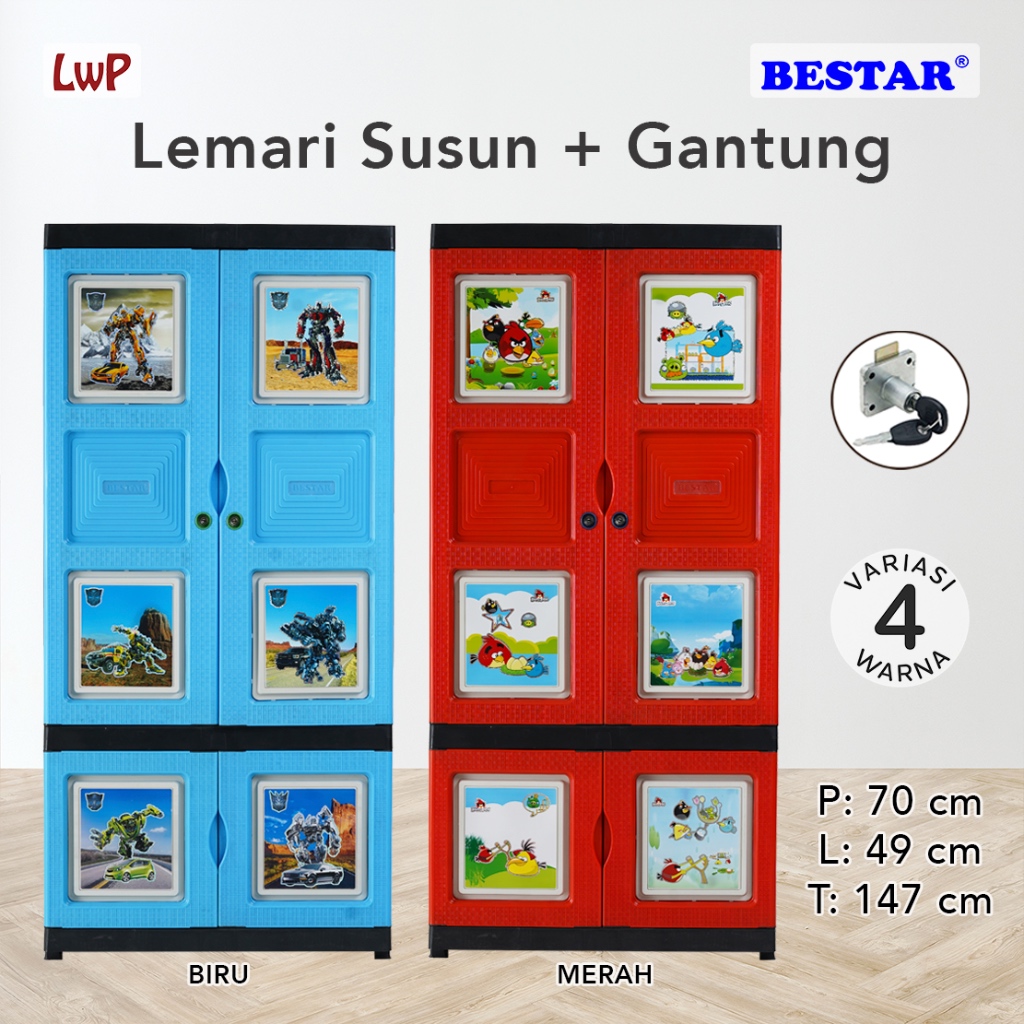 BESTAR Lemari Pakaian Gantung Susun Plastik Kunci Cermin