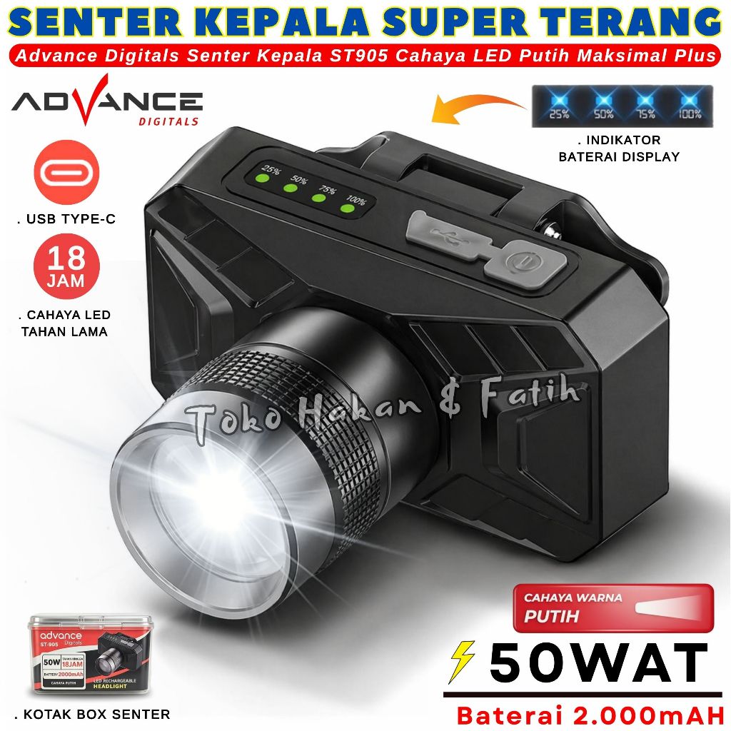 Promo~Headlamp Senter Kepala Super Terang | ADVANCE ST-905 , Baterai 2000mAh lampu LED 50W Zoom Tele