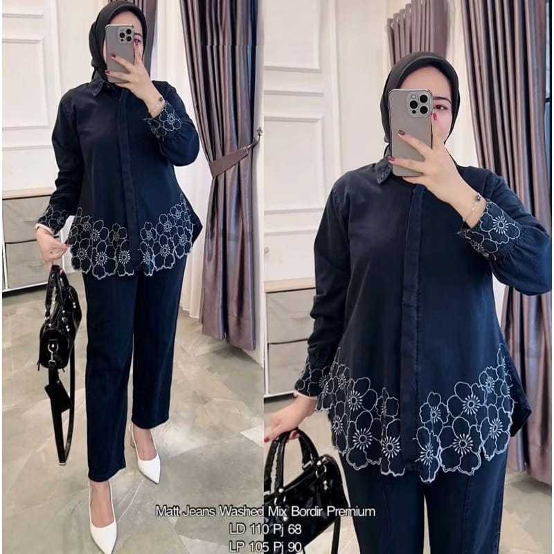 one set jeans Lena , one set jeans bordir bunga , set wanita soft jeans bordir ootd kekinian