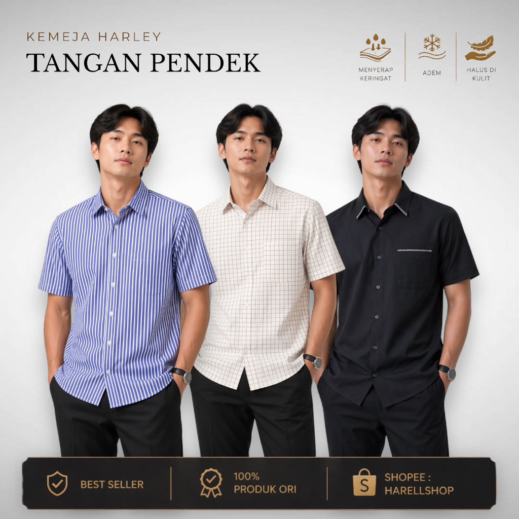 Kemeja Harley Pria Lengan Pendek Regular Fit Warna dan Motif Kotak Garis | Kemeja Casual Kerja Adem 