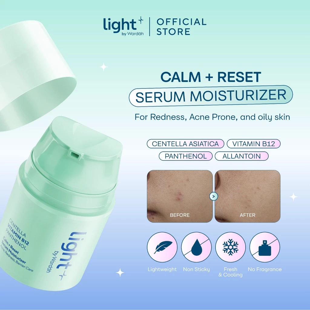 Light+ by Wardah Vitamin B12 Calm + Reset Serum Moisturizer 30 g - Pelembap Wajah untuk Kulit Bermin