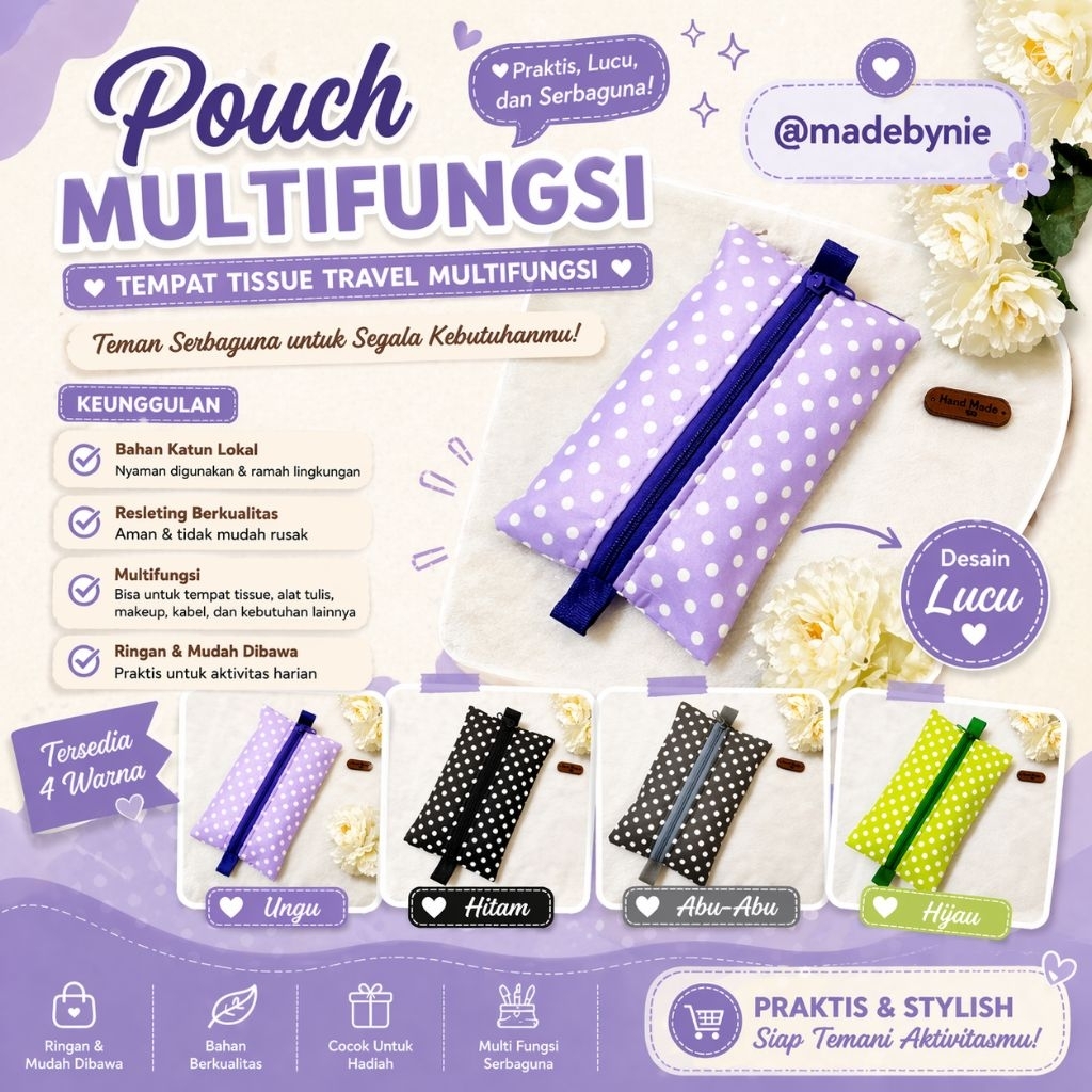 Madebynie No Tissue / Tempat Tissue Travel Pack Handmade Kain Katun / Tissue Pouch / Dompet Tissue /