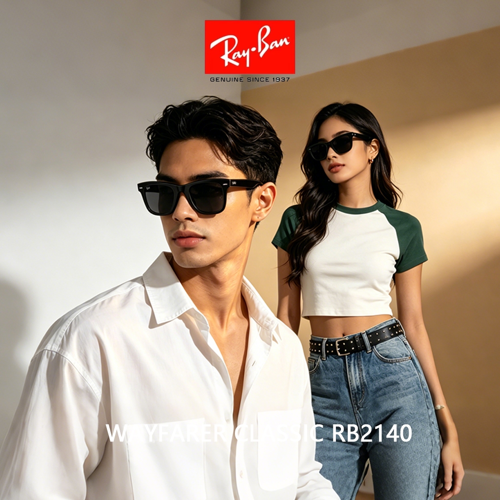 Kacamata Hitam RAY-BAN Wayfarer RB2140 pria wanita Black Green Original 100% lensa kaca UV Sunglasse