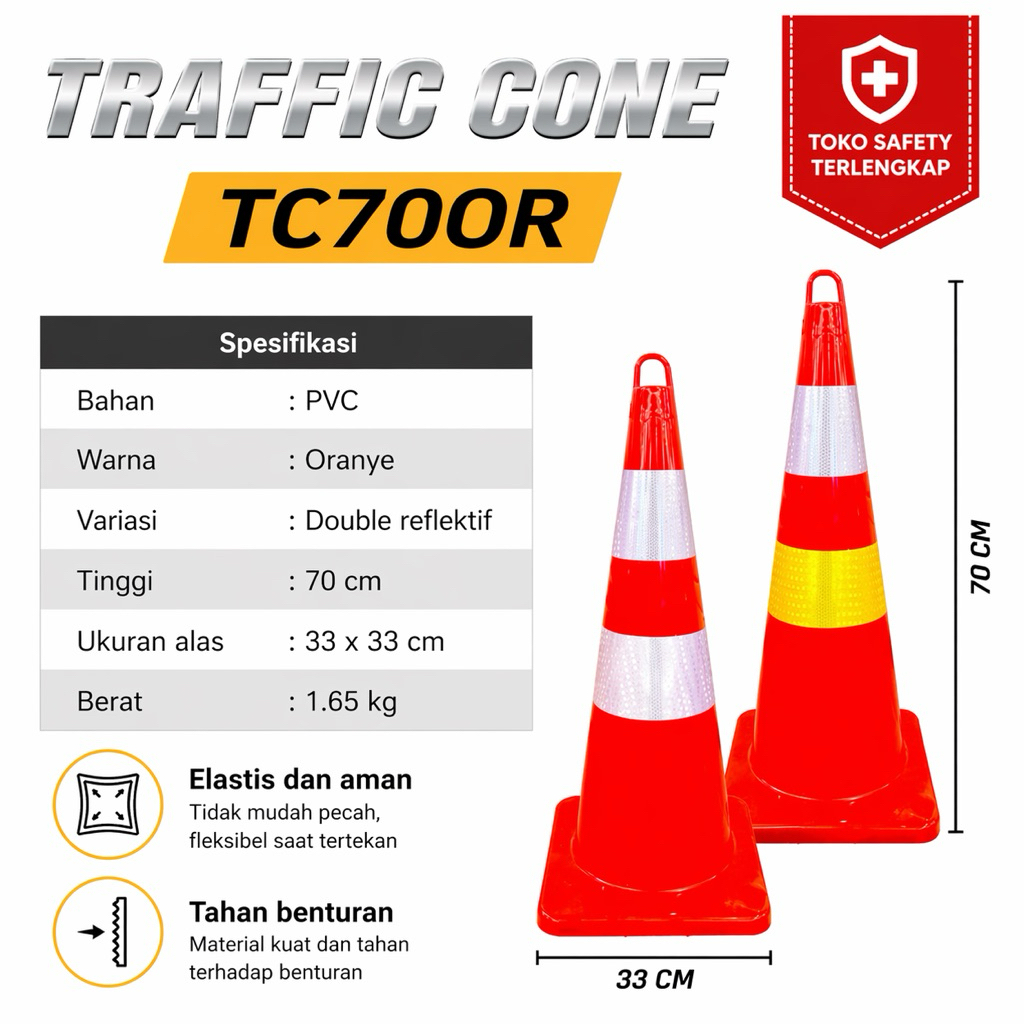 TRAFFIC CONE PVC 70CM FULL ORANGE - TRAFFIC CONE 70CM