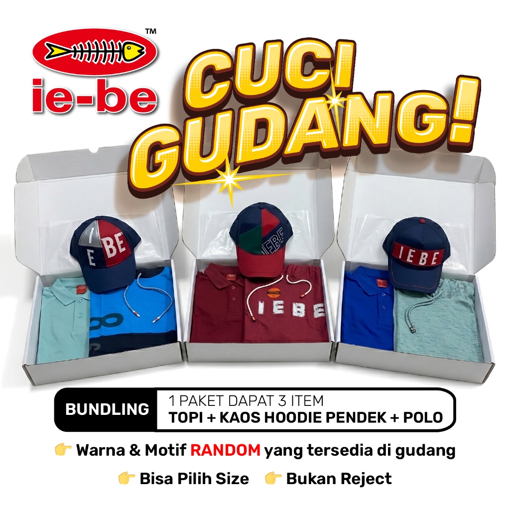 IEBE CUCI GUDANG - 1 Paket dapat 3 item (Topi+Kaos Hoodie Pendek+Polo) | Motif dan Warna Random