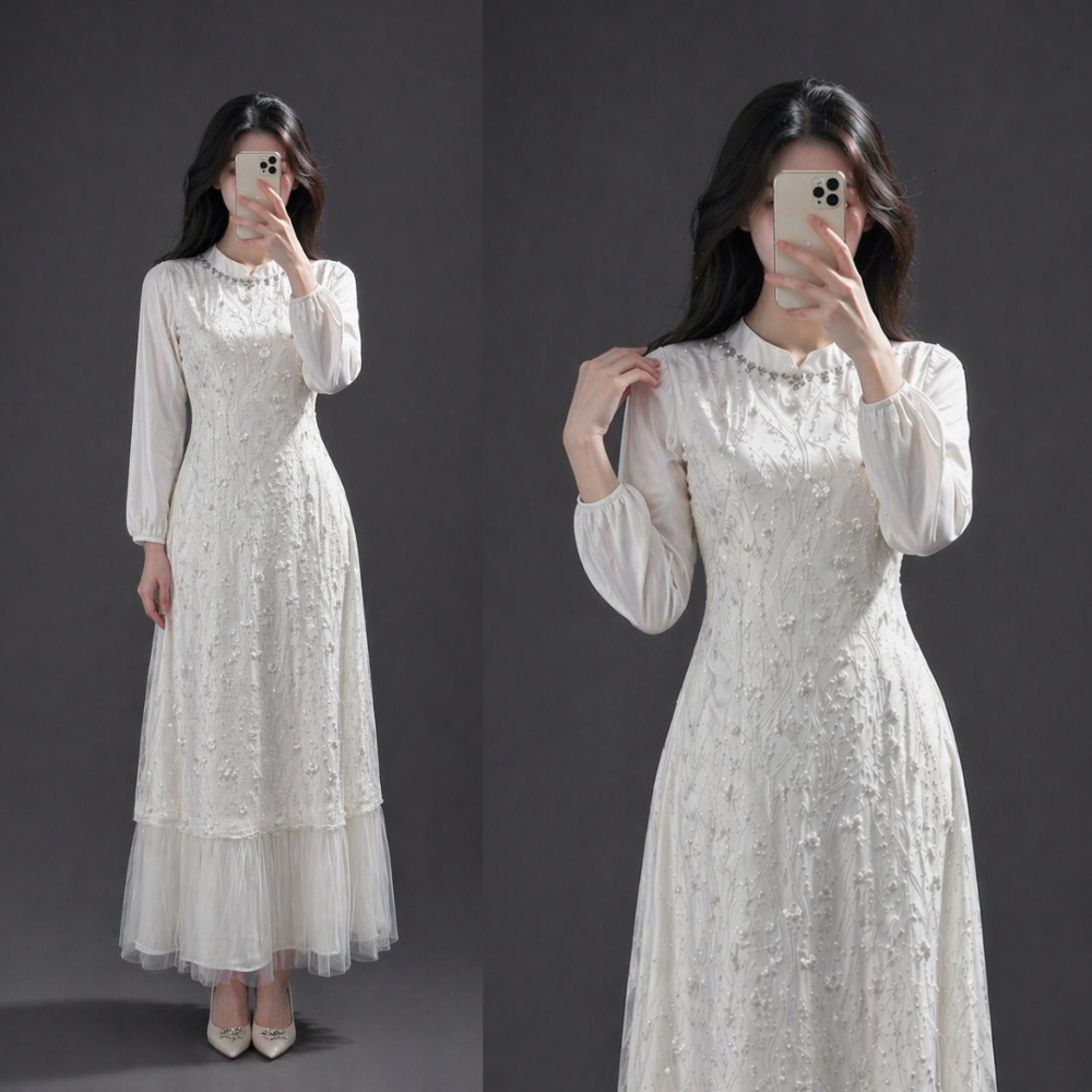 Aleeya Gamis Putih Dress Luxury Premium | Gamis Putih Elegan Remaja Modern | Dress Muslim Putih Terb