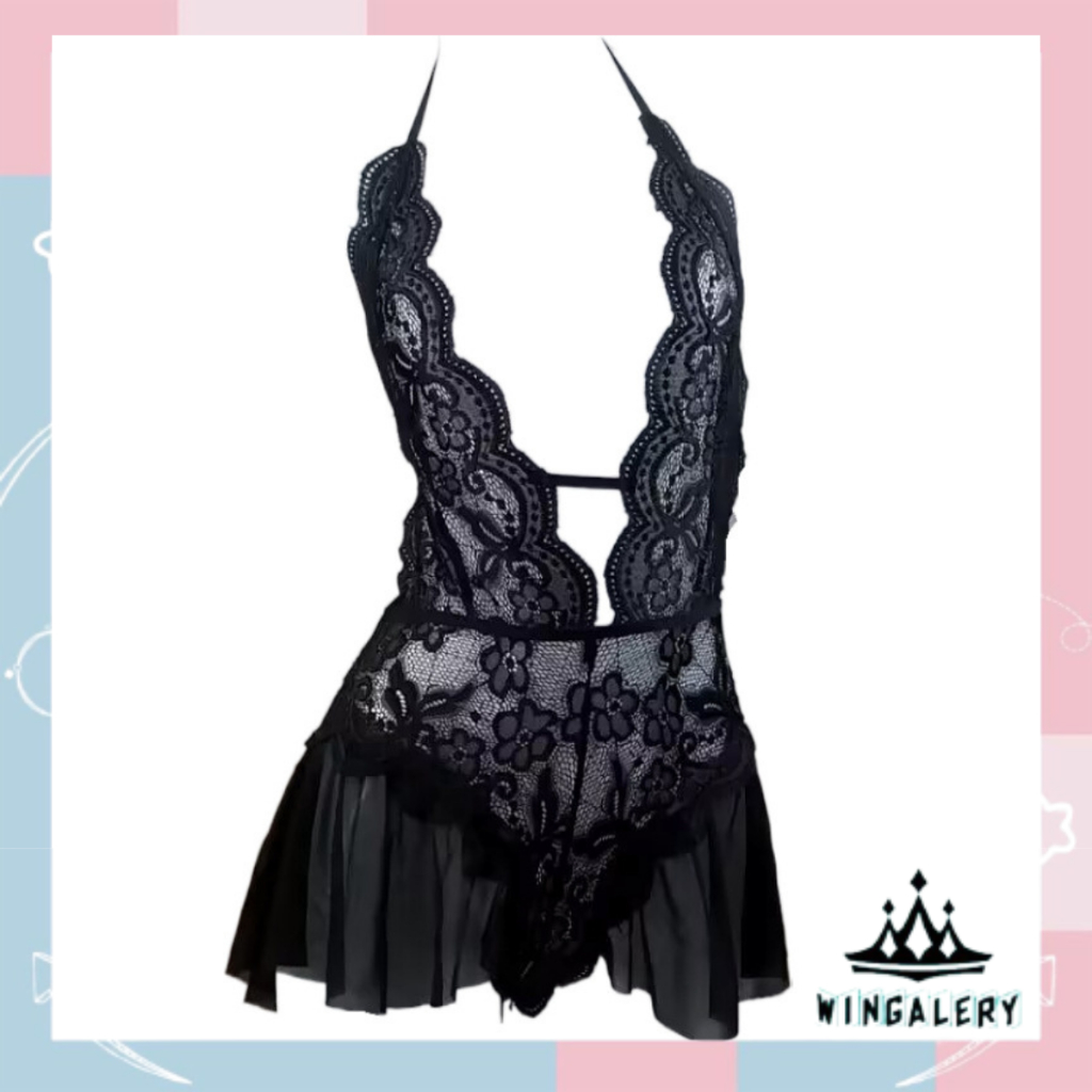 WINGALERY Lingerie Wanita transparan Halter Neck Lace Jumpsuit Open Crotch Lingerie Teddies 3137
