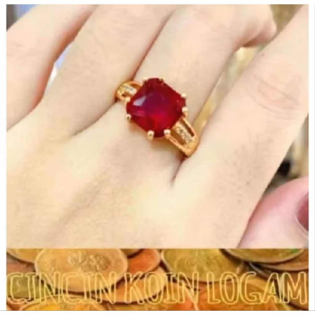 Cincin Batu Merah kotak elegan dari koin logam cincin pria/ wanita anti karat
