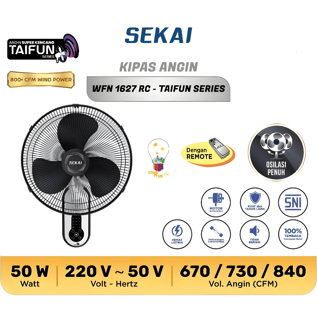 Sekai Kipas Angin Dinding Remot Remote Wall Fan WFN-1627RC 1627 WFN1627 RC WFN1627RC 16 Inch