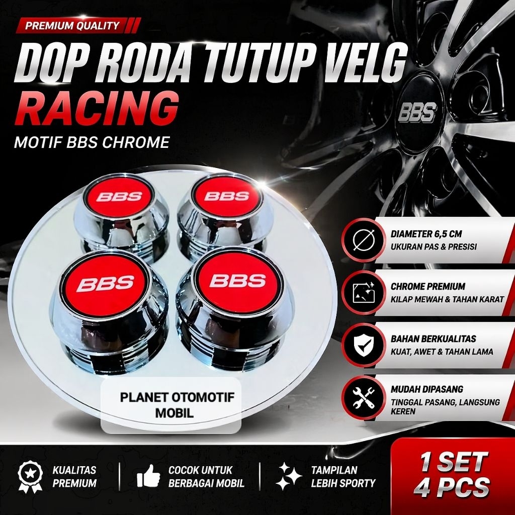 dop roda tutup velg racing diameter 6,5 cm motif bbs chrome harga 1 set