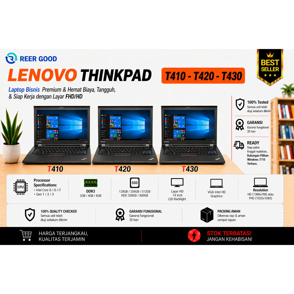 LENOVO THINKPAD T410 / T420 / T430 CORE I3 I5 I7 GEN 1 2 3 LAPTOP BEKAS MURAH BERKUALITAS BERGARANSI