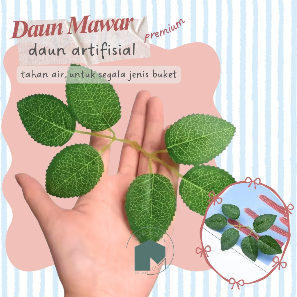 DAUN MAWAR CABANG 6 BUNGA ARTIFICIAL PLASTIK  SATUAN SESERAHAN DEKORASI BUKET MAHAR MIRIP asli