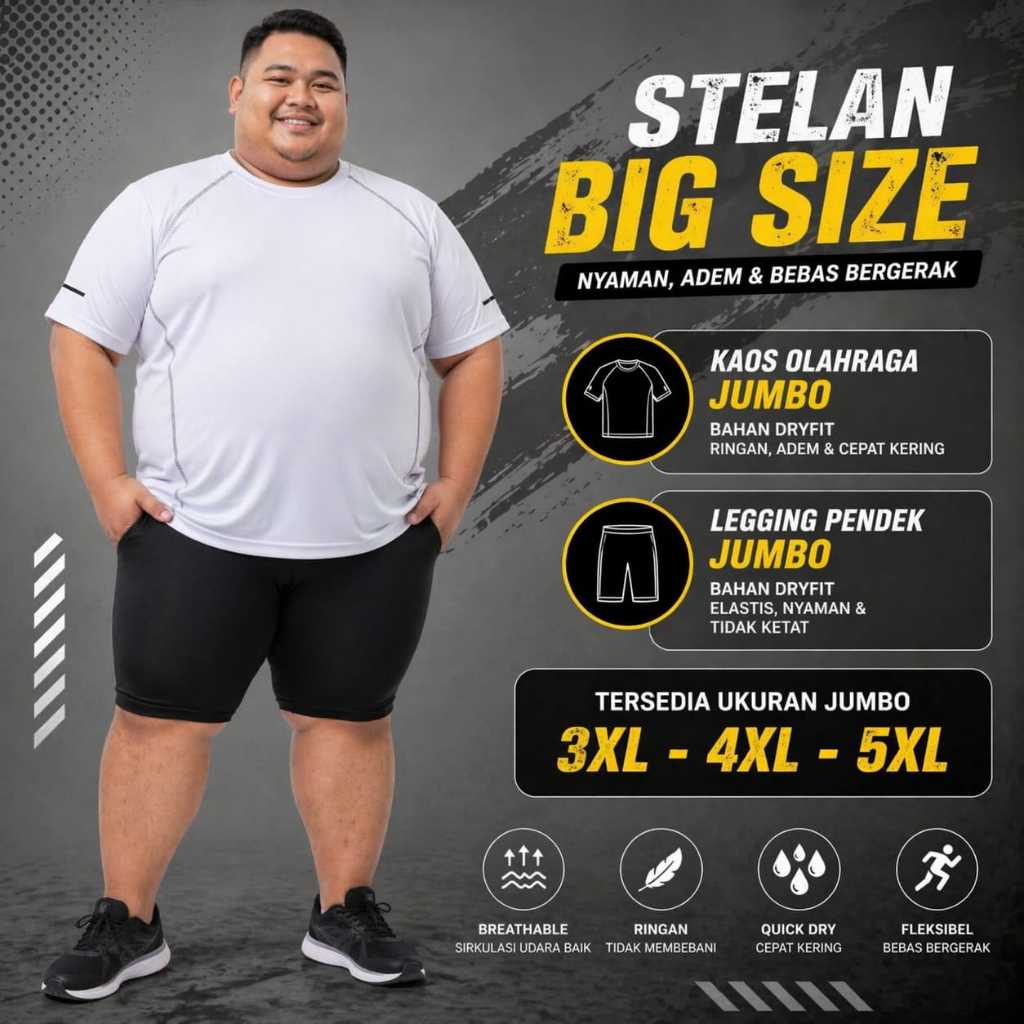 Stelan Pakaian Olahraga Pria Kaos Jumbo+legging pendek hitam jumbo