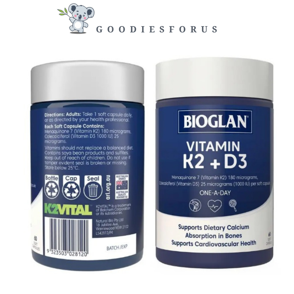 Bioglan Vitamin K2 + D3 60 Capsules/Vitamin D3 1000 dan K2180mg/Suplemen Tulang