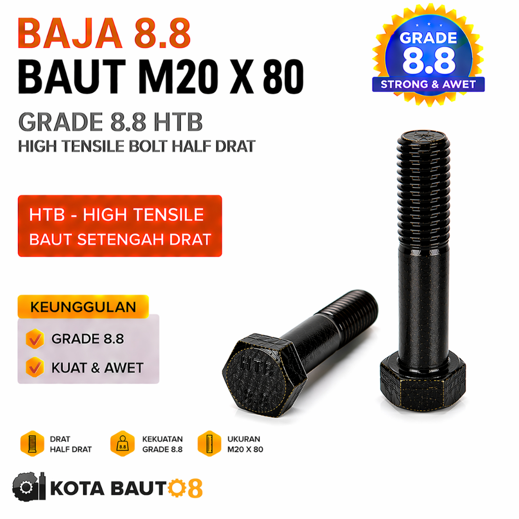 Baja 8.8 Baut M20X80 / Baut 20X80 / M20 X 80 / 20 X 80  Grade 8.8 HTB - High Tensile Bolt Half Drat