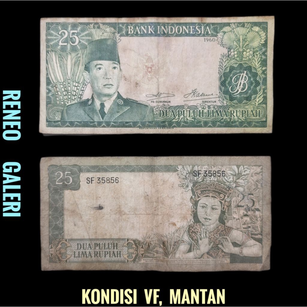 VF Rp 25 Rupiah Seri Sukarno tahun 1960 Presiden Soekarno Uang kertas kuno Indonesia duit lama asli 