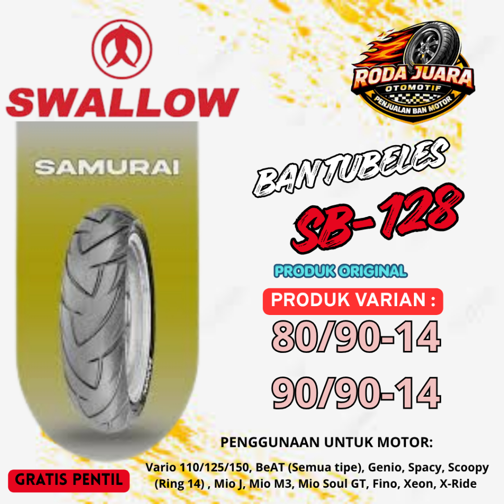 Ban Swallow Samurai Tubeless 80/90-14 90/90-14 Ring 14 Original Ban Motor Matic Beat Scoopy Mio Anti