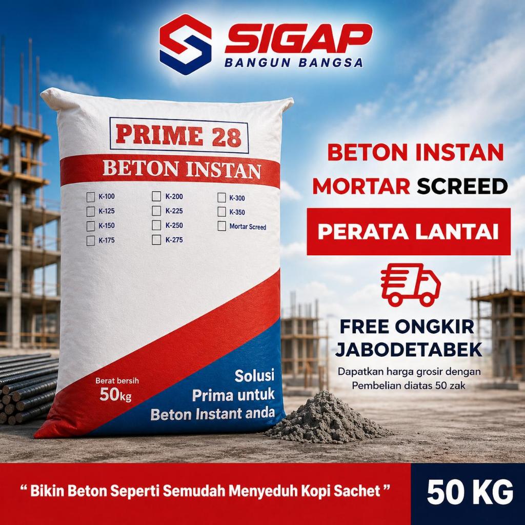 Prime 28 Beton Instan 50kg | Mortar Screed Perata Lantai | Beton Instan Kuat & Praktis