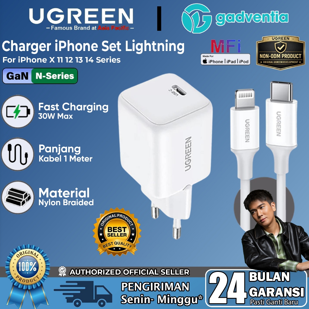 UGREEN Charger Set MFI Untuk iPhone 11 12 13 14 PD Type C to Lightning Fast Charging 20W 30W 65005