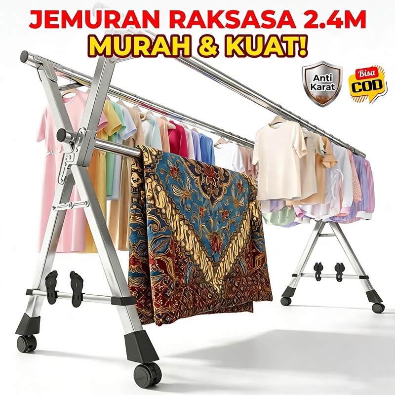 NEW Jemuran Baju Lipat Stainless Steel Anti Karat Jemuran Baju Portable Jumbo Dengan Roda Kuat