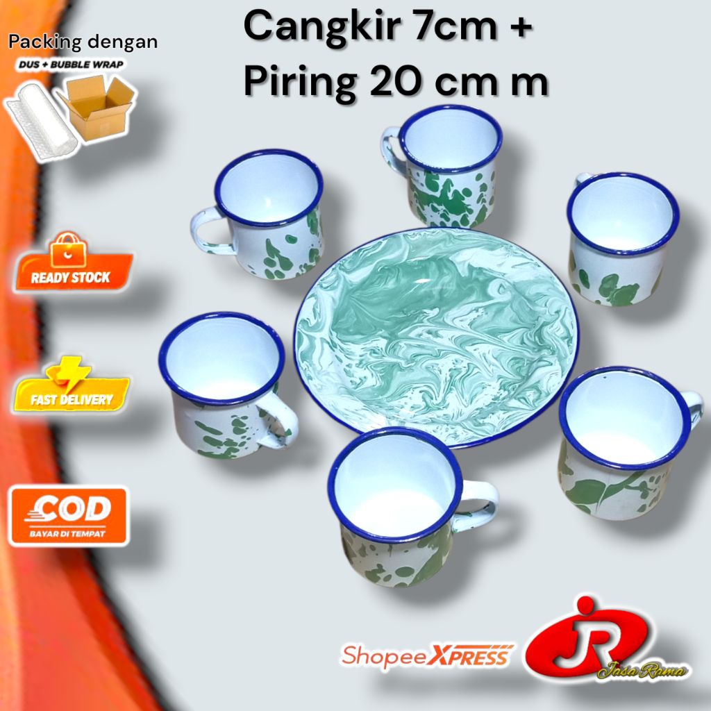 Cangkir & Piring Blirik 6pcs + 6pcs | Gelas Seng Jadul 7cm & Piring 20cm Vintage | Set Makan Minum K
