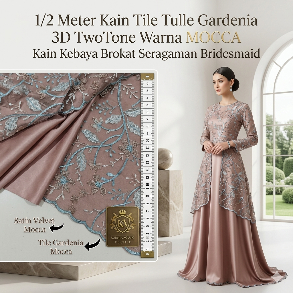 1/2 Meter Kain Tile Tulle Gardenia 3D TwoTone Warna MOCCA Kain Kebaya Brokat Seragaman Bridesmaid