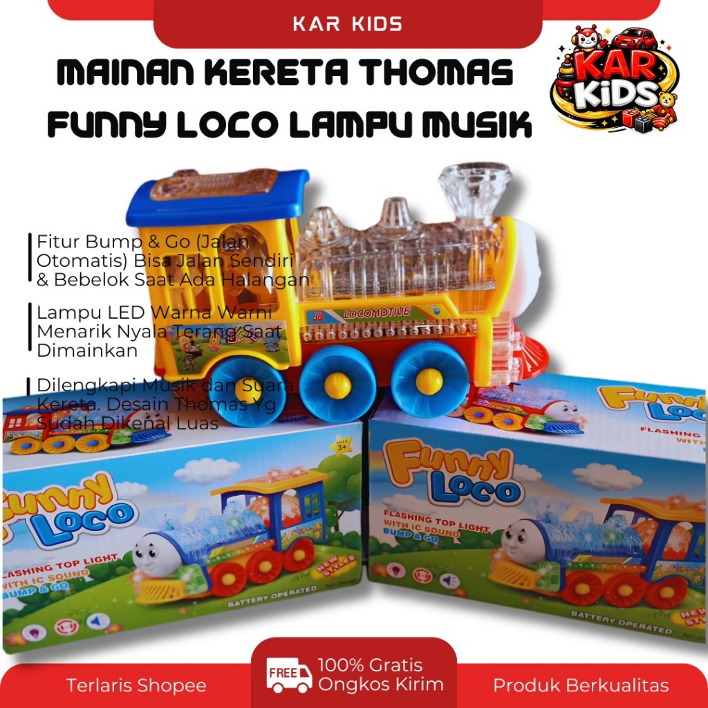 Mainan Kereta Thomas Funny Loco | Kereta Api Anak Lampu Musik Bump And Go | Mainan Edukatif Anak