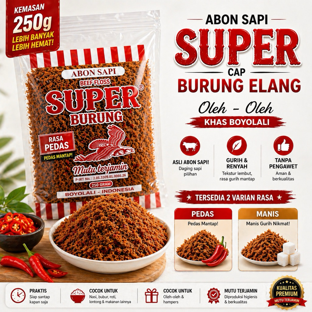 Abon Sapi Super Cap Burung Elang 250g Asli Daging Sapi Lauk Instan & Praktis Oleh2 Khas Boyolali