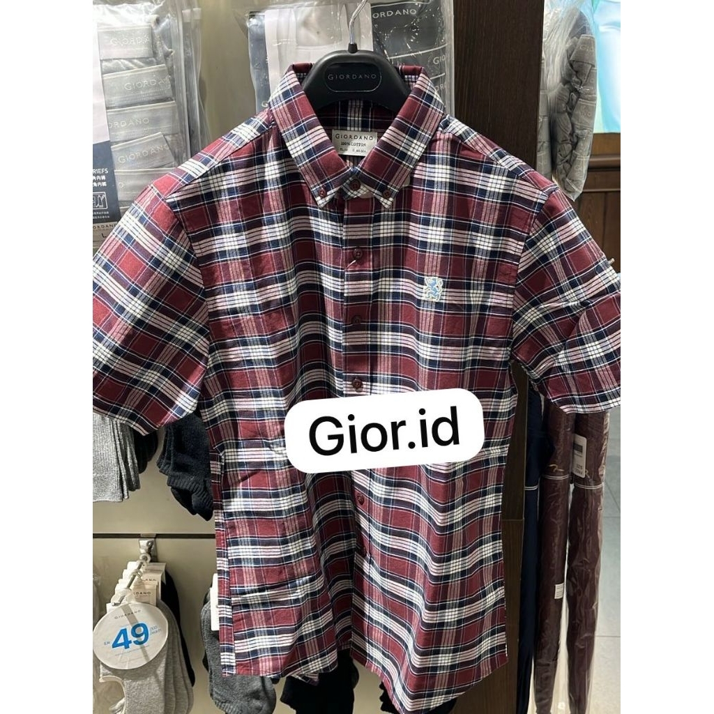 Giordano PRIA Cotton Oxford lion Shirt Lengan pendek| Kemeja Giordano original pria lengan pendek